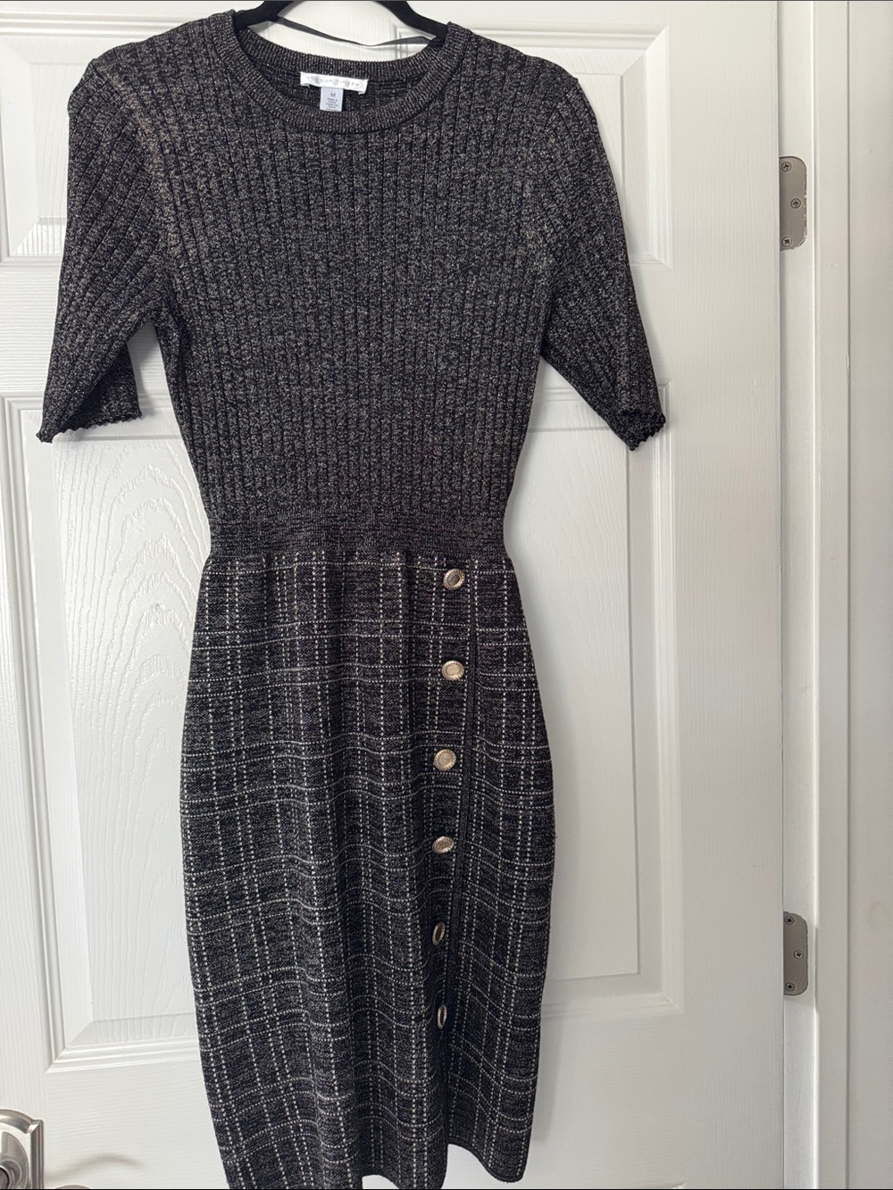 London Times Black & Gray Ribbed Knit Plaid Button-Front Midi Dress